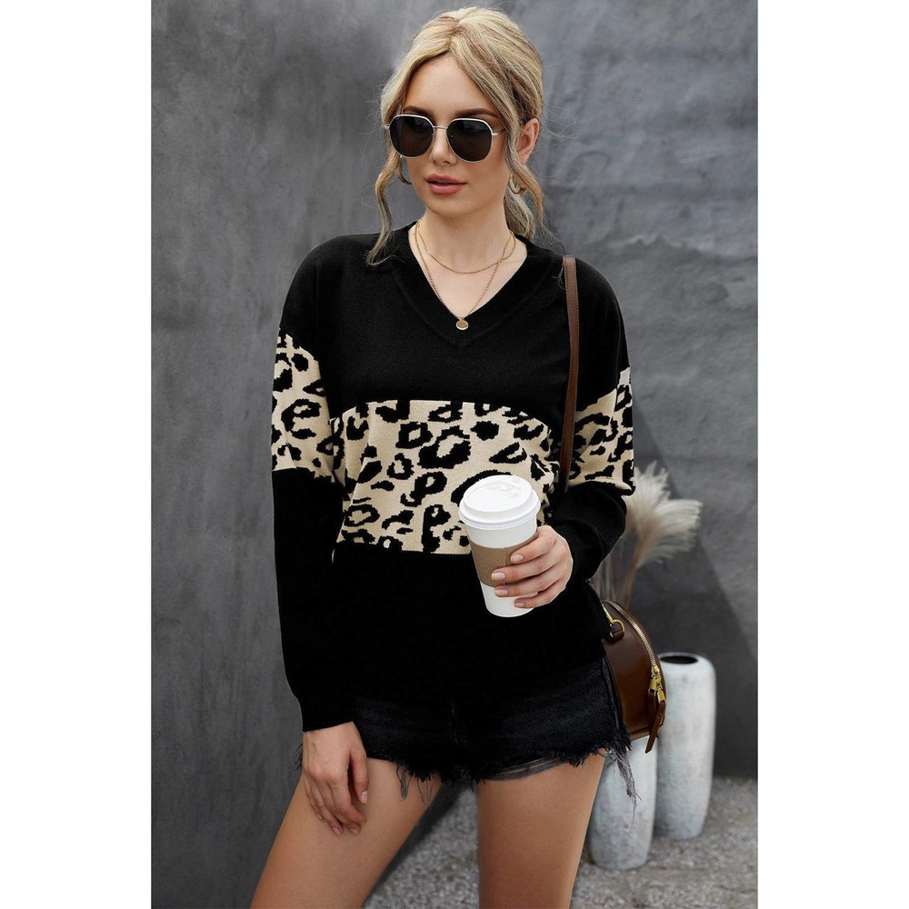 Leopard Colorblock V-Neck Top BLACK
